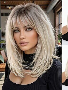Chic Ash Blonde Ombre Lob Wig with Bangs 14" Synthetic Wig for Daily Use - NEW